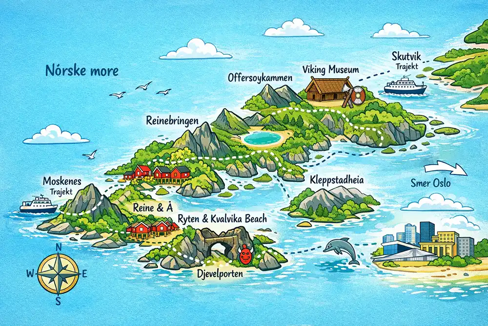 Lofoty: kreslená mapa expedície